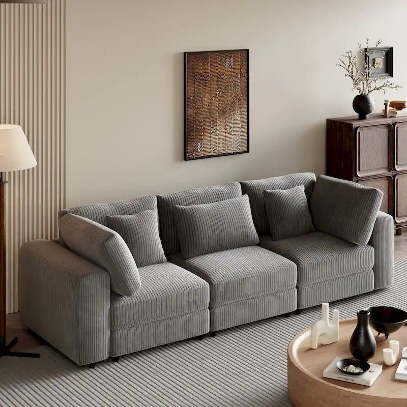 Élégant canapé 3 places en velours côtelé avec 5 coussins