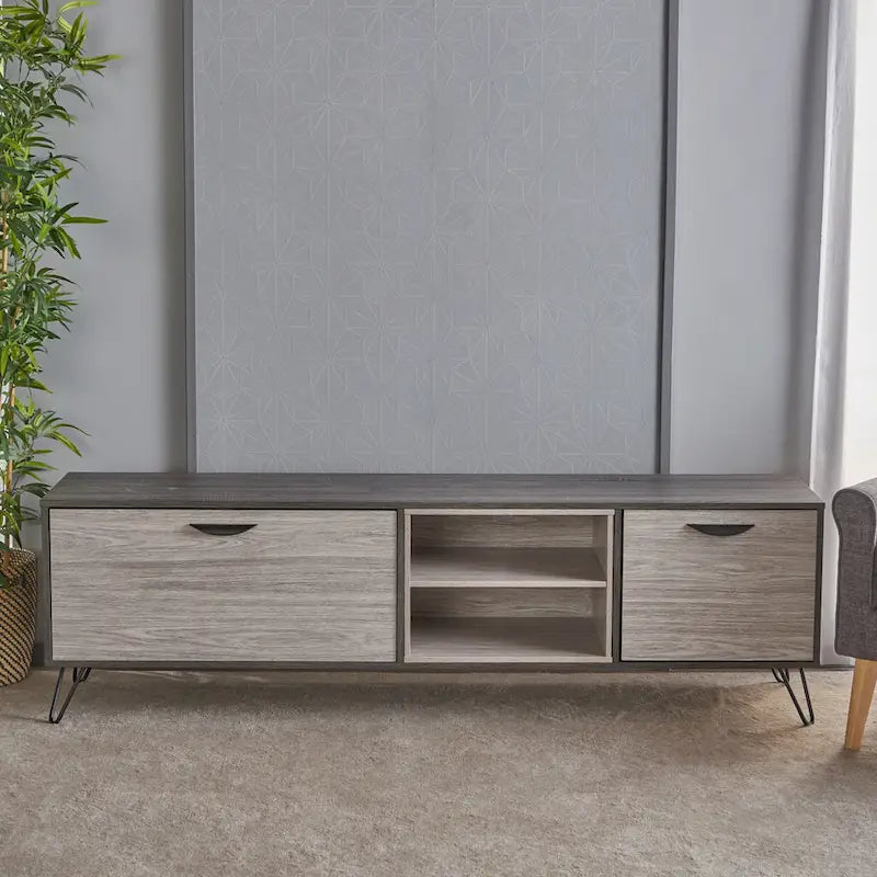 Meuble TV gris de 71,1 po avec armoire escamotable, armoire ordinaire et 2 étagères pour téléviseurs jusqu'à 79 po