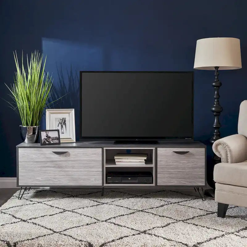 Meuble TV gris de 71,1 po avec armoire escamotable, armoire ordinaire et 2 étagères pour téléviseurs jusqu'à 79 po