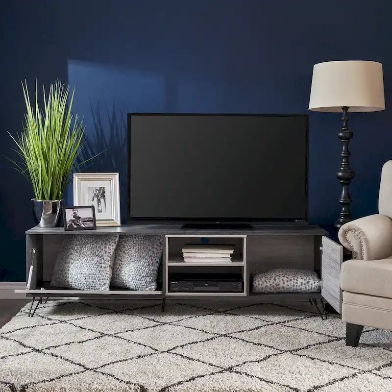 Meuble TV gris de 71,1 po avec armoire escamotable, armoire ordinaire et 2 étagères pour téléviseurs jusqu'à 79 po