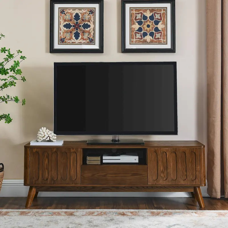 Meuble TV cannelé pour téléviseur 65 pouces, Centre de divertissement avec rangement, Meuble console multimédia en bois, Table d'appoint, 2 portes, 1 tiroir, Pieds en bois