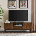 Meuble TV cannelé pour téléviseur 65 pouces, Centre de divertissement avec rangement, Meuble console multimédia en bois, Table d'appoint, 2 portes, 1 tiroir, Pieds en bois