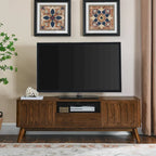 Meuble TV cannelé pour téléviseur 65 pouces, Centre de divertissement avec rangement, Meuble console multimédia en bois, Table d'appoint, 2 portes, 1 tiroir, Pieds en bois
