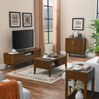 Meuble TV cannelé pour téléviseur 65 pouces, Centre de divertissement avec rangement, Meuble console multimédia en bois, Table d'appoint, 2 portes, 1 tiroir, Pieds en bois