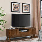 Meuble TV cannelé pour téléviseur 65 pouces, Centre de divertissement avec rangement, Meuble console multimédia en bois, Table d'appoint, 2 portes, 1 tiroir, Pieds en bois