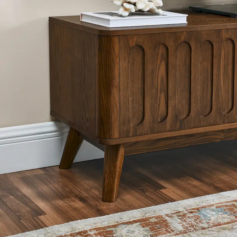 Meuble TV cannelé pour téléviseur 65 pouces, Centre de divertissement avec rangement, Meuble console multimédia en bois, Table d'appoint, 2 portes, 1 tiroir, Pieds en bois