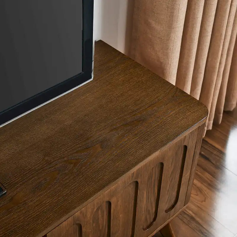 Meuble TV cannelé pour téléviseur 65 pouces, Centre de divertissement avec rangement, Meuble console multimédia en bois, Table d'appoint, 2 portes, 1 tiroir, Pieds en bois