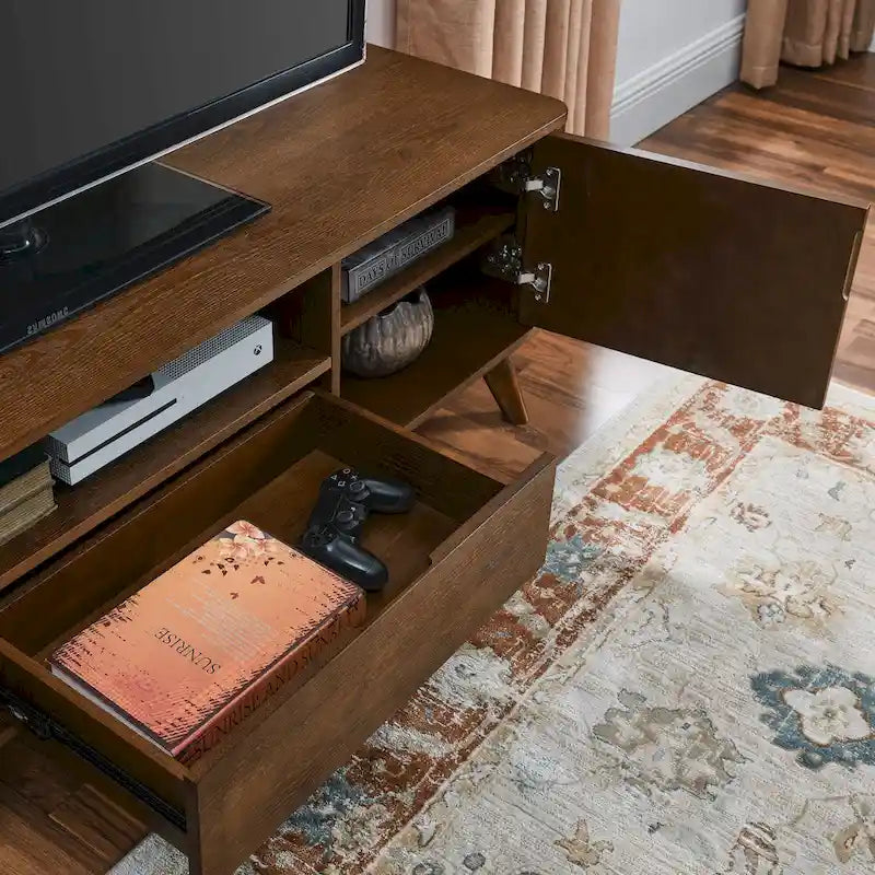 Meuble TV cannelé pour téléviseur 65 pouces, Centre de divertissement avec rangement, Meuble console multimédia en bois, Table d'appoint, 2 portes, 1 tiroir, Pieds en bois