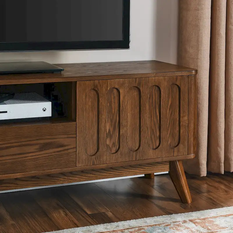 Meuble TV cannelé pour téléviseur 65 pouces, Centre de divertissement avec rangement, Meuble console multimédia en bois, Table d'appoint, 2 portes, 1 tiroir, Pieds en bois