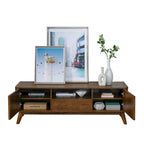 Meuble TV cannelé pour téléviseur 65 pouces, Centre de divertissement avec rangement, Meuble console multimédia en bois, Table d'appoint, 2 portes, 1 tiroir, Pieds en bois
