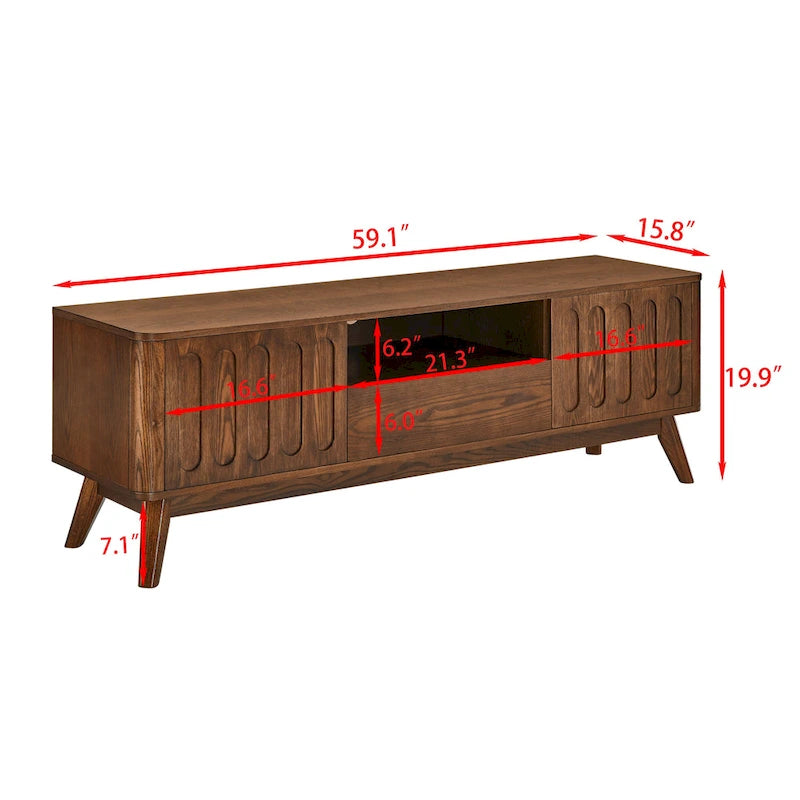 Meuble TV cannelé pour téléviseur 65 pouces, Centre de divertissement avec rangement, Meuble console multimédia en bois, Table d'appoint, 2 portes, 1 tiroir, Pieds en bois