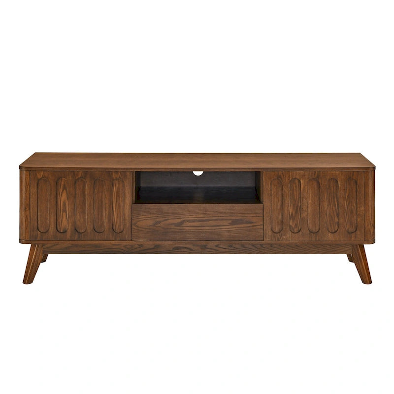 Meuble TV cannelé pour téléviseur 65 pouces, Centre de divertissement avec rangement, Meuble console multimédia en bois, Table d'appoint, 2 portes, 1 tiroir, Pieds en bois