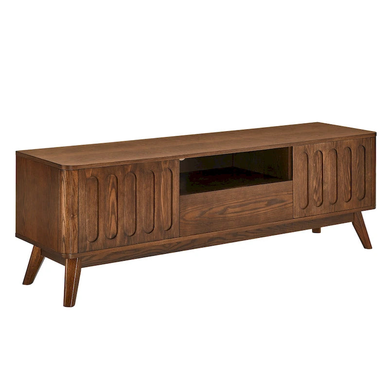 Meuble TV cannelé pour téléviseur 65 pouces, Centre de divertissement avec rangement, Meuble console multimédia en bois, Table d'appoint, 2 portes, 1 tiroir, Pieds en bois