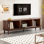Meuble TV marron foncé moderne pour téléviseurs de 75 pouces, Console TV en bois massif avec armoire de rangement, Meuble de divertissement