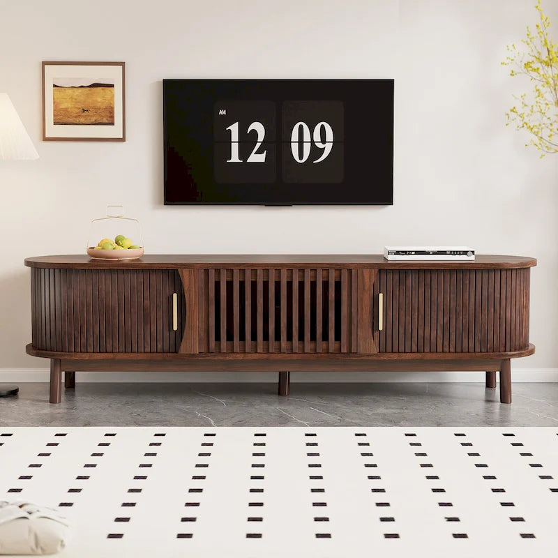 Meuble TV marron foncé moderne pour téléviseurs de 75 pouces, Console TV en bois massif avec armoire de rangement, Meuble de divertissement