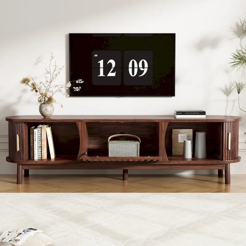 Meuble TV marron foncé moderne pour téléviseurs de 75 pouces, Console TV en bois massif avec armoire de rangement, Meuble de divertissement