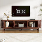 Meuble TV marron foncé moderne pour téléviseurs de 75 pouces, Console TV en bois massif avec armoire de rangement, Meuble de divertissement