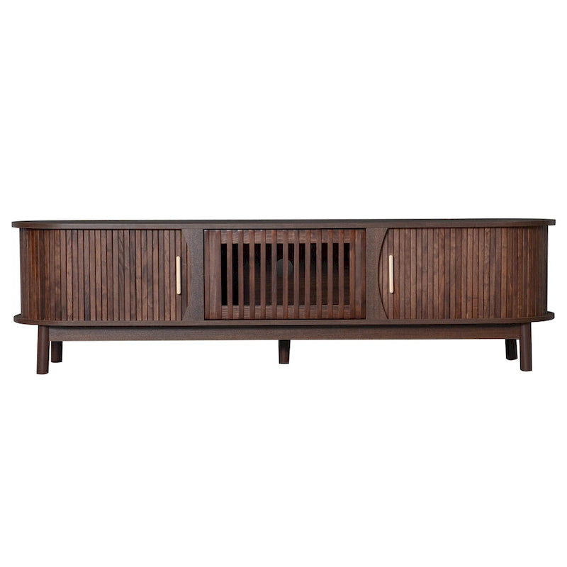 Meuble TV marron foncé moderne pour téléviseurs de 75 pouces, Console TV en bois massif avec armoire de rangement, Meuble de divertissement
