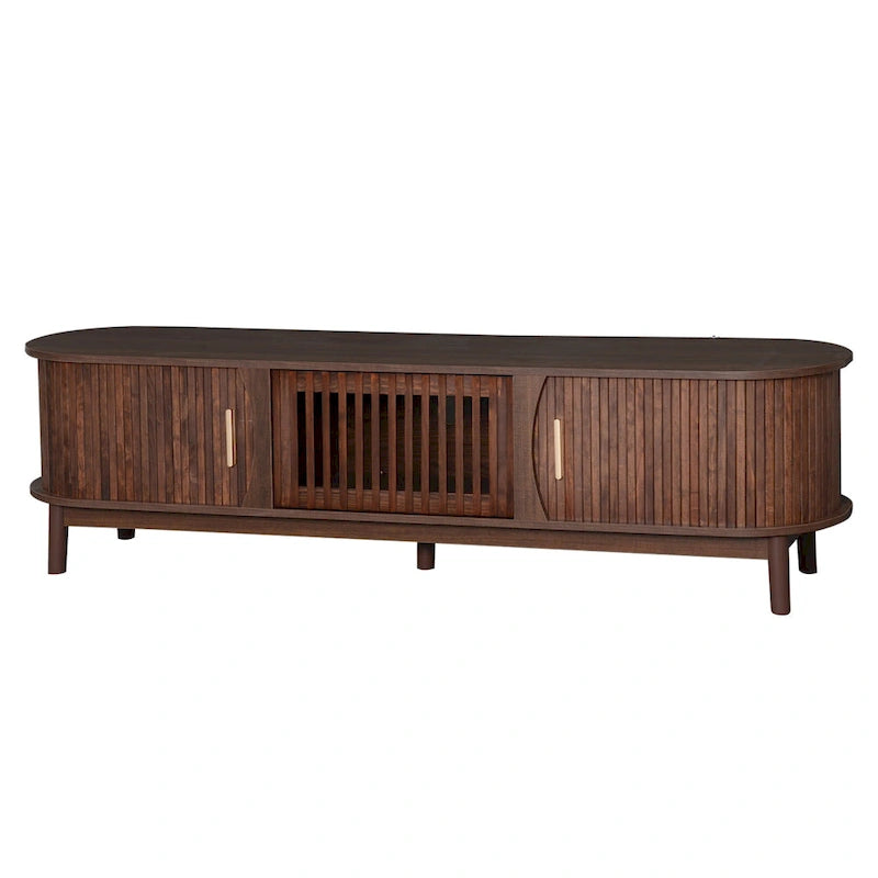 Meuble TV marron foncé moderne pour téléviseurs de 75 pouces, Console TV en bois massif avec armoire de rangement, Meuble de divertissement