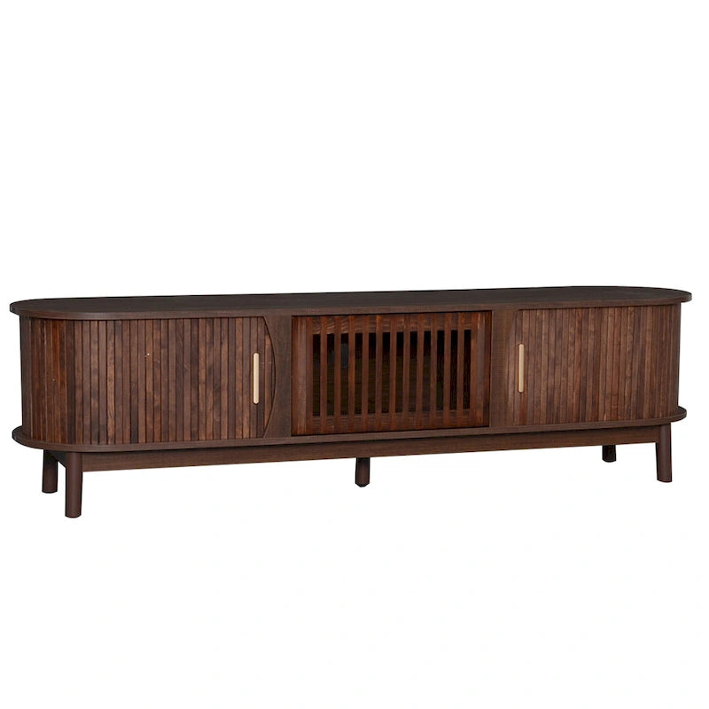 Meuble TV marron foncé moderne pour téléviseurs de 75 pouces, Console TV en bois massif avec armoire de rangement, Meuble de divertissement