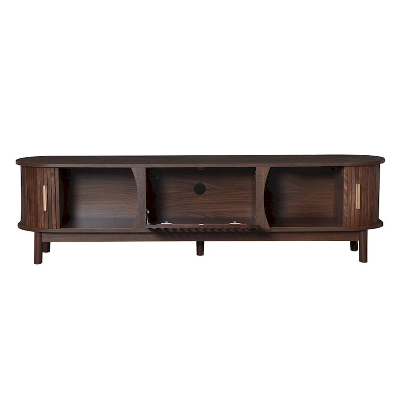 Meuble TV marron foncé moderne pour téléviseurs de 75 pouces, Console TV en bois massif avec armoire de rangement, Meuble de divertissement