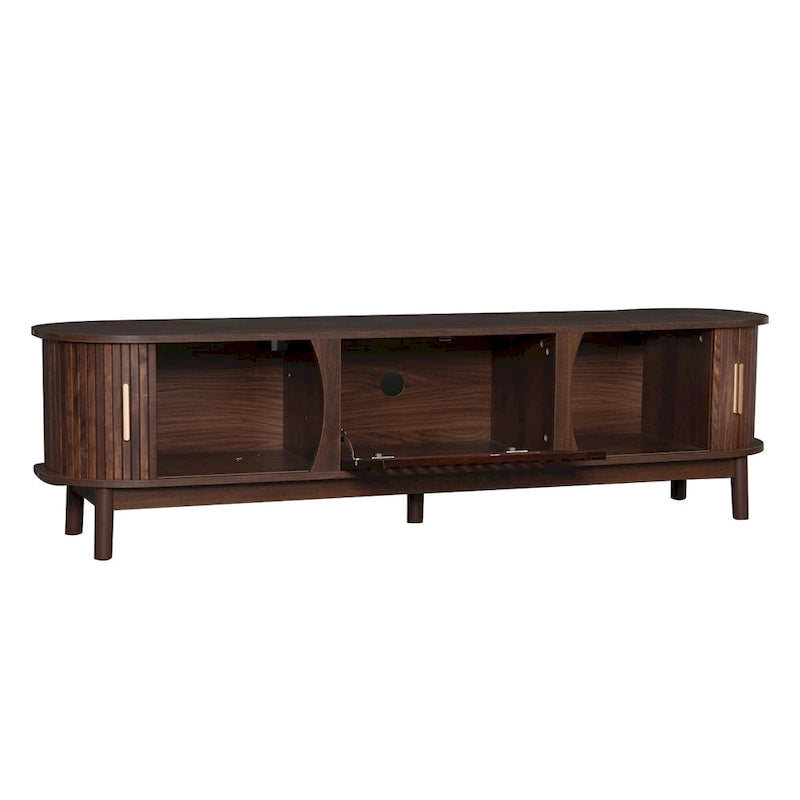 Meuble TV marron foncé moderne pour téléviseurs de 75 pouces, Console TV en bois massif avec armoire de rangement, Meuble de divertissement