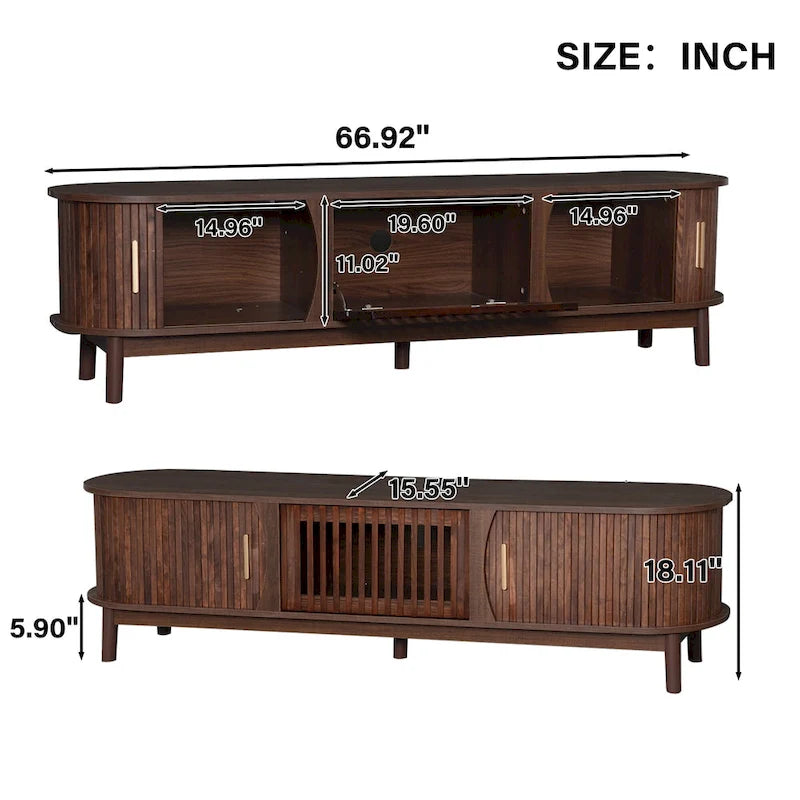 Meuble TV marron foncé moderne pour téléviseurs de 75 pouces, Console TV en bois massif avec armoire de rangement, Meuble de divertissement