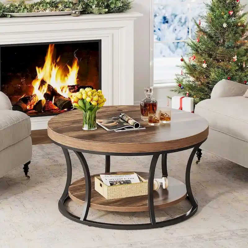 Table basse ronde, Table d'appoint à 2 niveaux avec étagères de rangement ouvertes