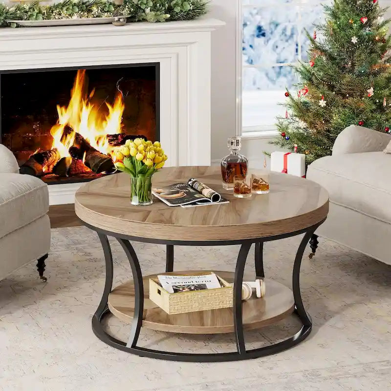 Table basse ronde, Table d'appoint à 2 niveaux avec étagères de rangement ouvertes