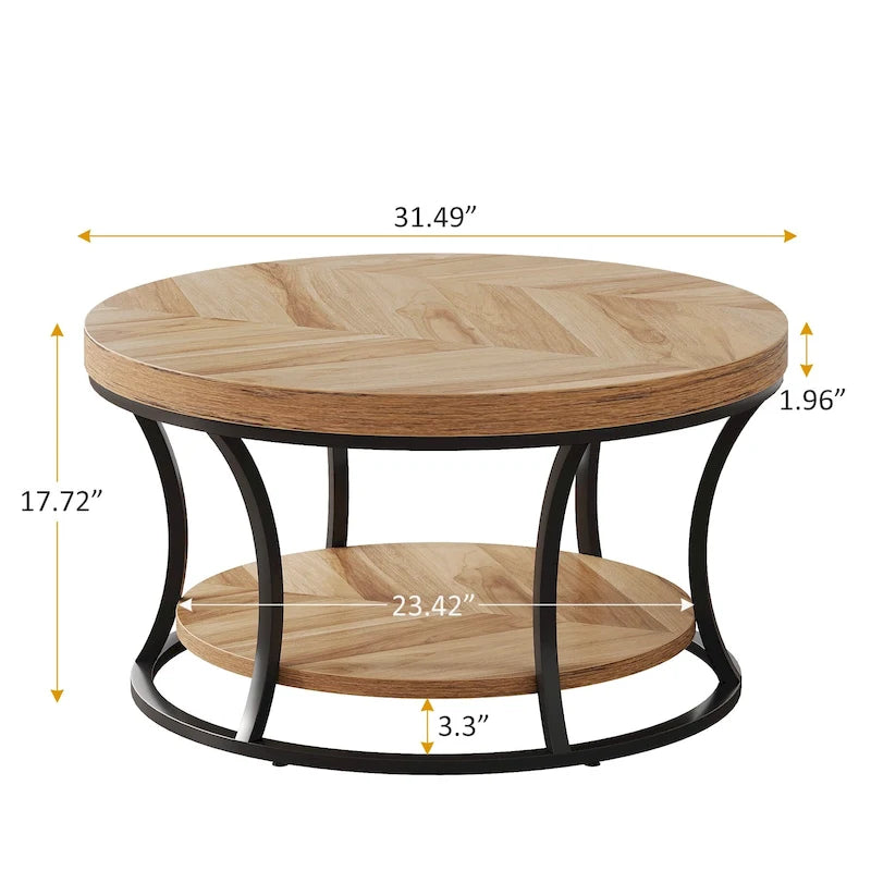 Table basse ronde, Table d'appoint à 2 niveaux avec étagères de rangement ouvertes