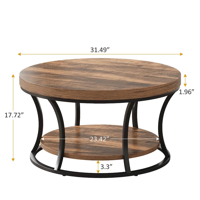 Table basse ronde, Table d'appoint à 2 niveaux avec étagères de rangement ouvertes