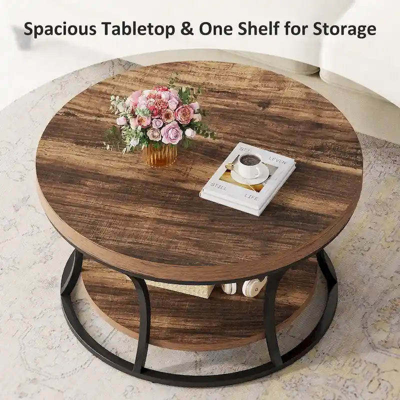Table basse ronde, Table d'appoint à 2 niveaux avec étagères de rangement ouvertes