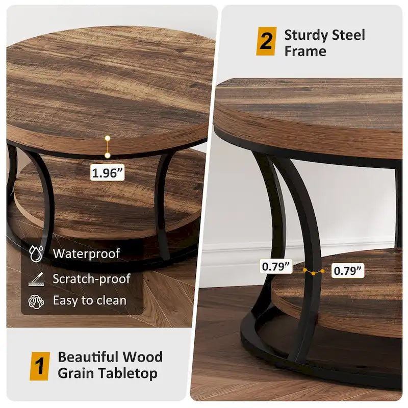 Table basse ronde, Table d'appoint à 2 niveaux avec étagères de rangement ouvertes