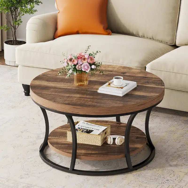 Table basse ronde, Table d'appoint à 2 niveaux avec étagères de rangement ouvertes