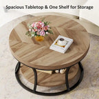 Table basse ronde, Table d'appoint à 2 niveaux avec étagères de rangement ouvertes