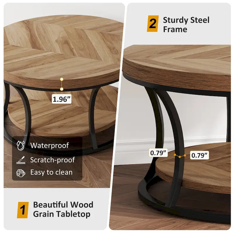 Table basse ronde, Table d'appoint à 2 niveaux avec étagères de rangement ouvertes