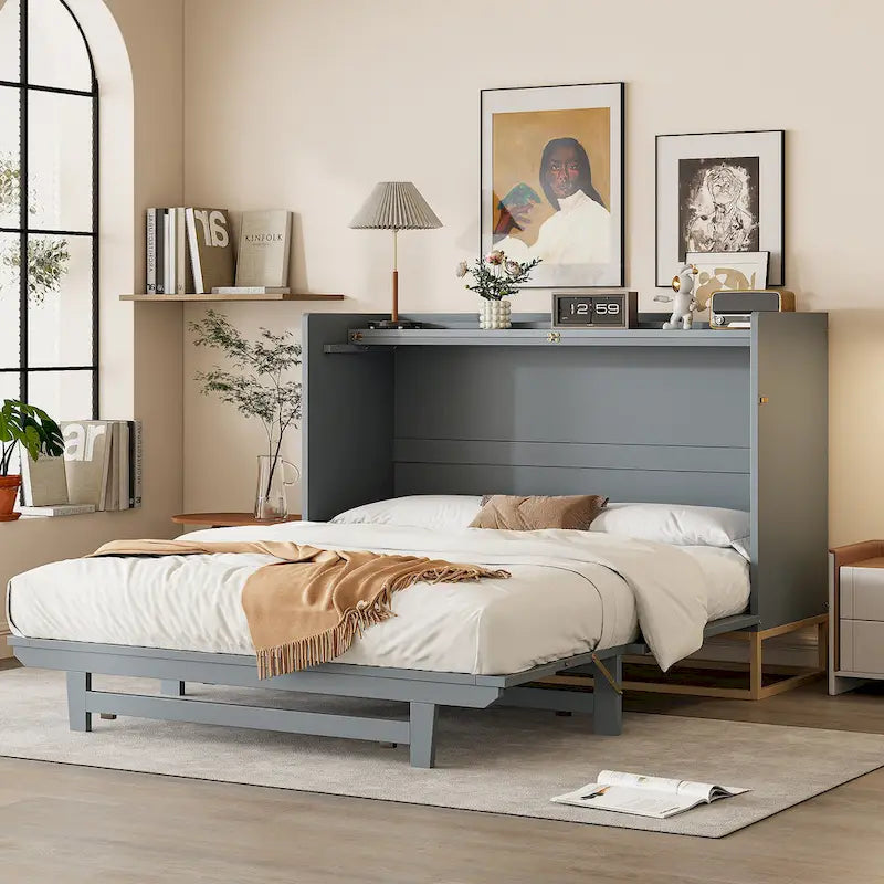Lit escamotable Queen Size avec armoire design peu encombrante, multifonctionnel, capacité de 180 kg