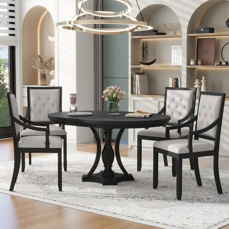 Ensemble de salle à manger 5 pièces en bois noir avec table ronde extensible et 4 fauteuils