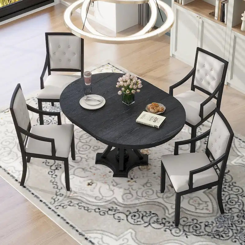 Ensemble de salle à manger 5 pièces en bois noir avec table ronde extensible et 4 fauteuils