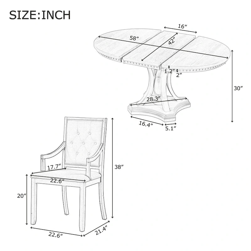 Ensemble de salle à manger 5 pièces en bois noir avec table ronde extensible et 4 fauteuils