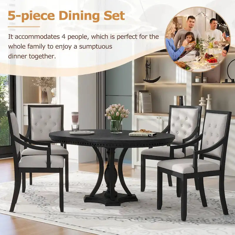 Ensemble de salle à manger 5 pièces en bois noir avec table ronde extensible et 4 fauteuils