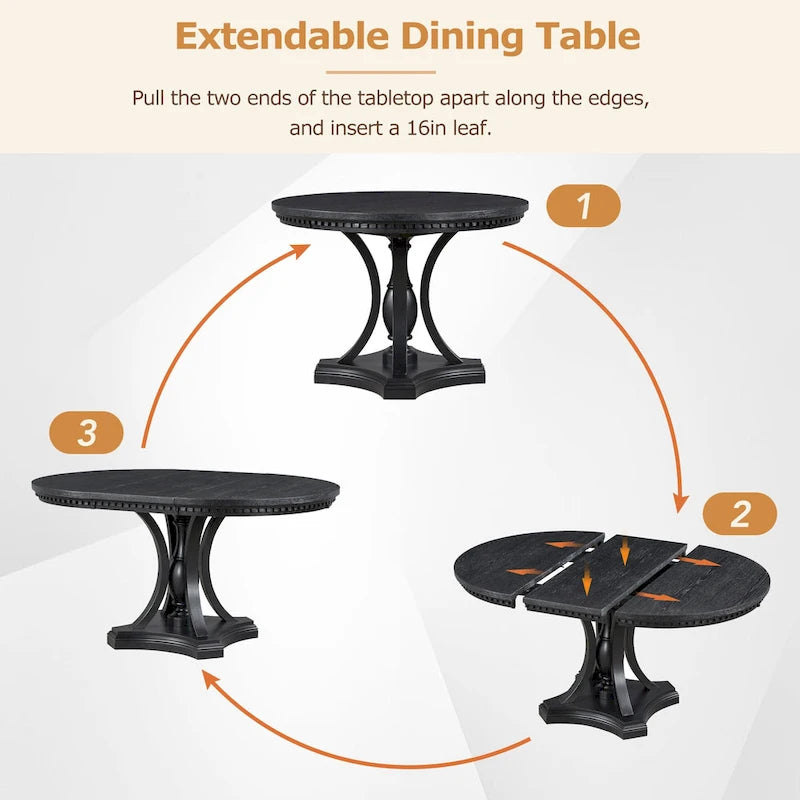 Ensemble de salle à manger 5 pièces en bois noir avec table ronde extensible et 4 fauteuils