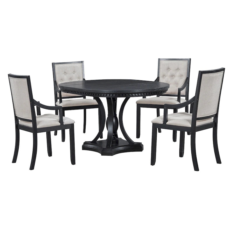 Ensemble de salle à manger 5 pièces en bois noir avec table ronde extensible et 4 fauteuils
