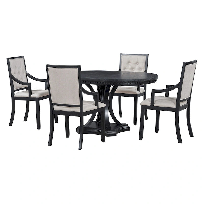Ensemble de salle à manger 5 pièces en bois noir avec table ronde extensible et 4 fauteuils