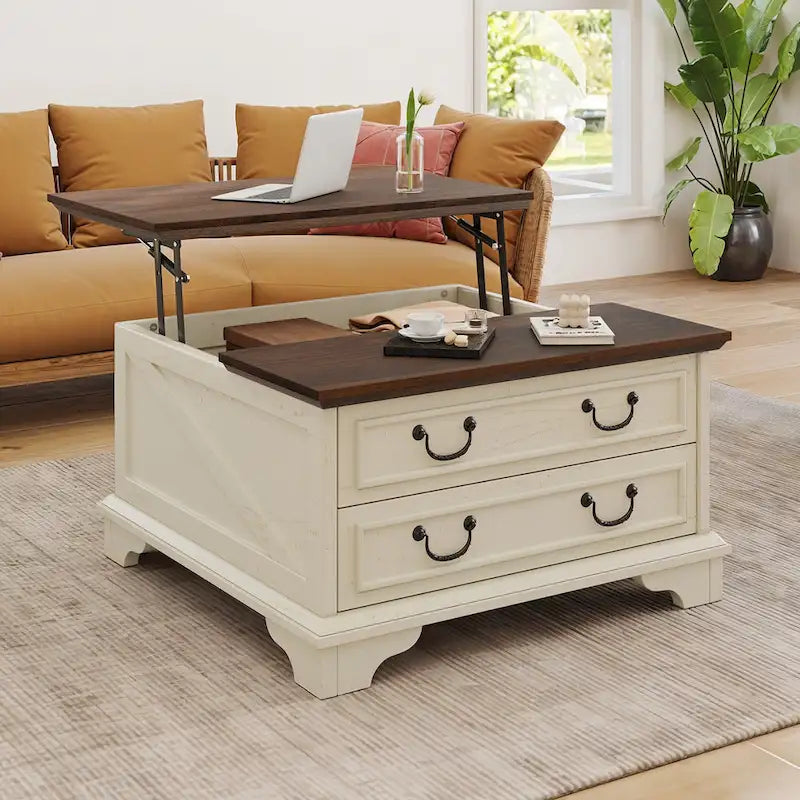 Table basse relevable de ferme, table centrale carrée en bois avec rangement et 2 tiroirs