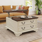 Table basse relevable de ferme, table centrale carrée en bois avec rangement et 2 tiroirs