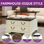 Table basse relevable de ferme, table centrale carrée en bois avec rangement et 2 tiroirs