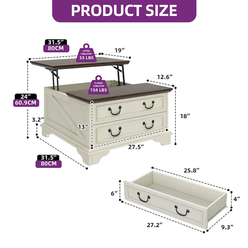 Table basse relevable de ferme, table centrale carrée en bois avec rangement et 2 tiroirs