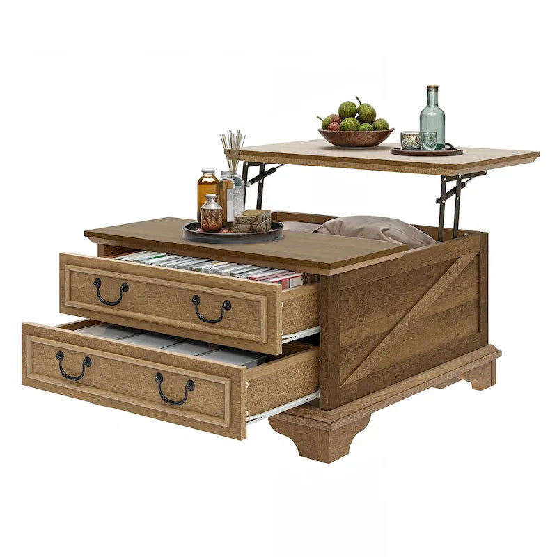 Table basse relevable de ferme, table centrale carrée en bois avec rangement et 2 tiroirs