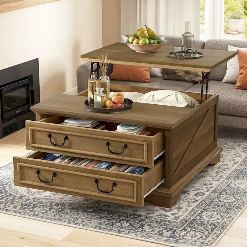 Table basse relevable de ferme, table centrale carrée en bois avec rangement et 2 tiroirs